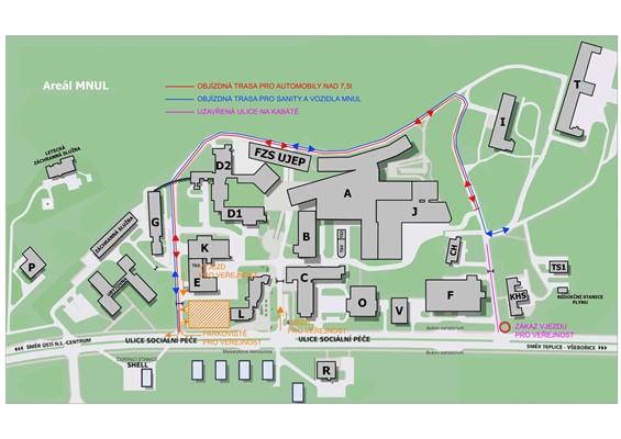 Plánek objízdných tras v areálu ústecké Masarykovy nemocnice