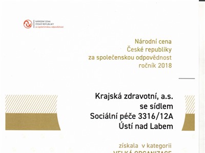diplom „společensky odpovědná organizace II. stupně“ v kategorii Velká organizace v programu Národní ceny České republiky za společenskou odpovědnost